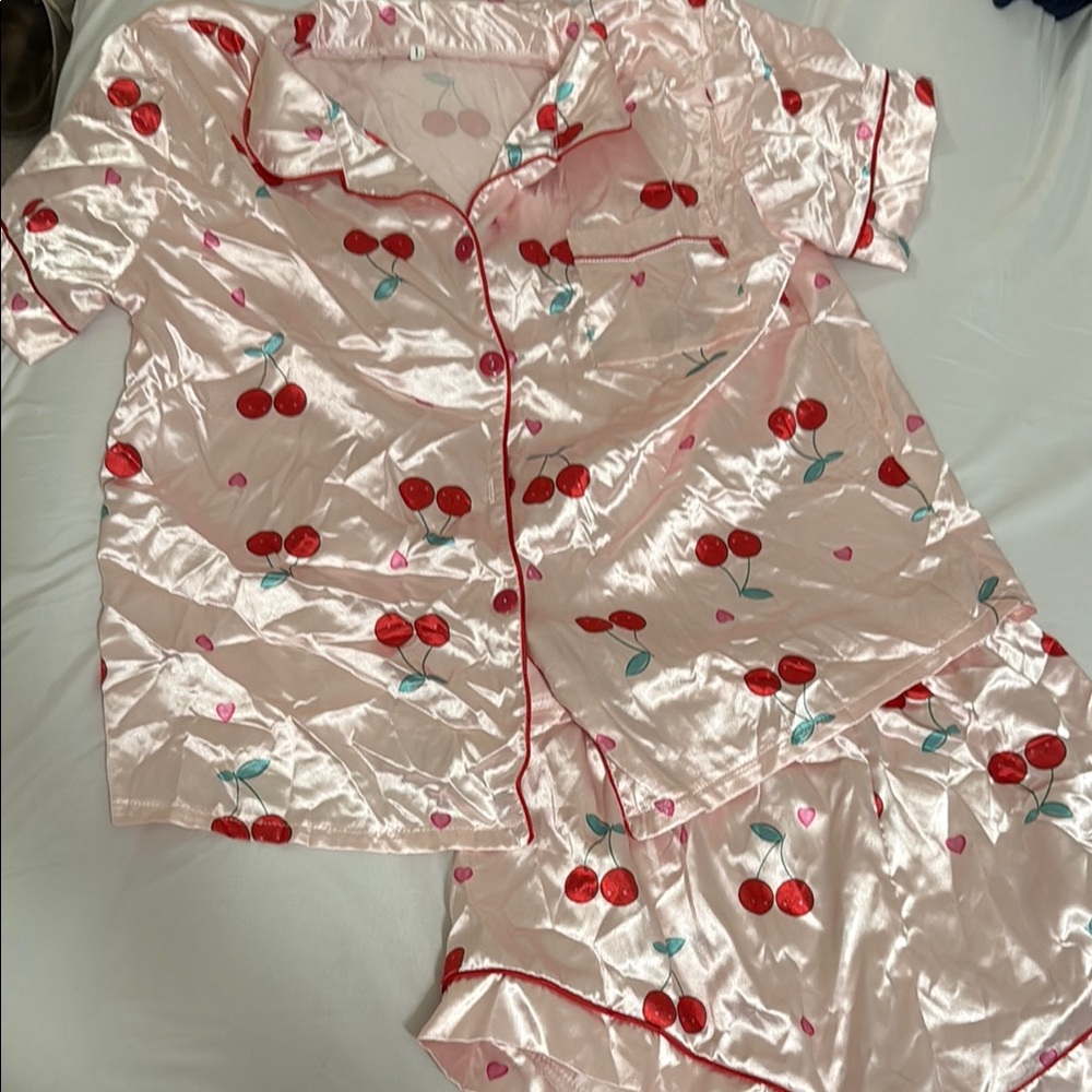 SHEIN Pink and Red Cherry Satin Pajama Set